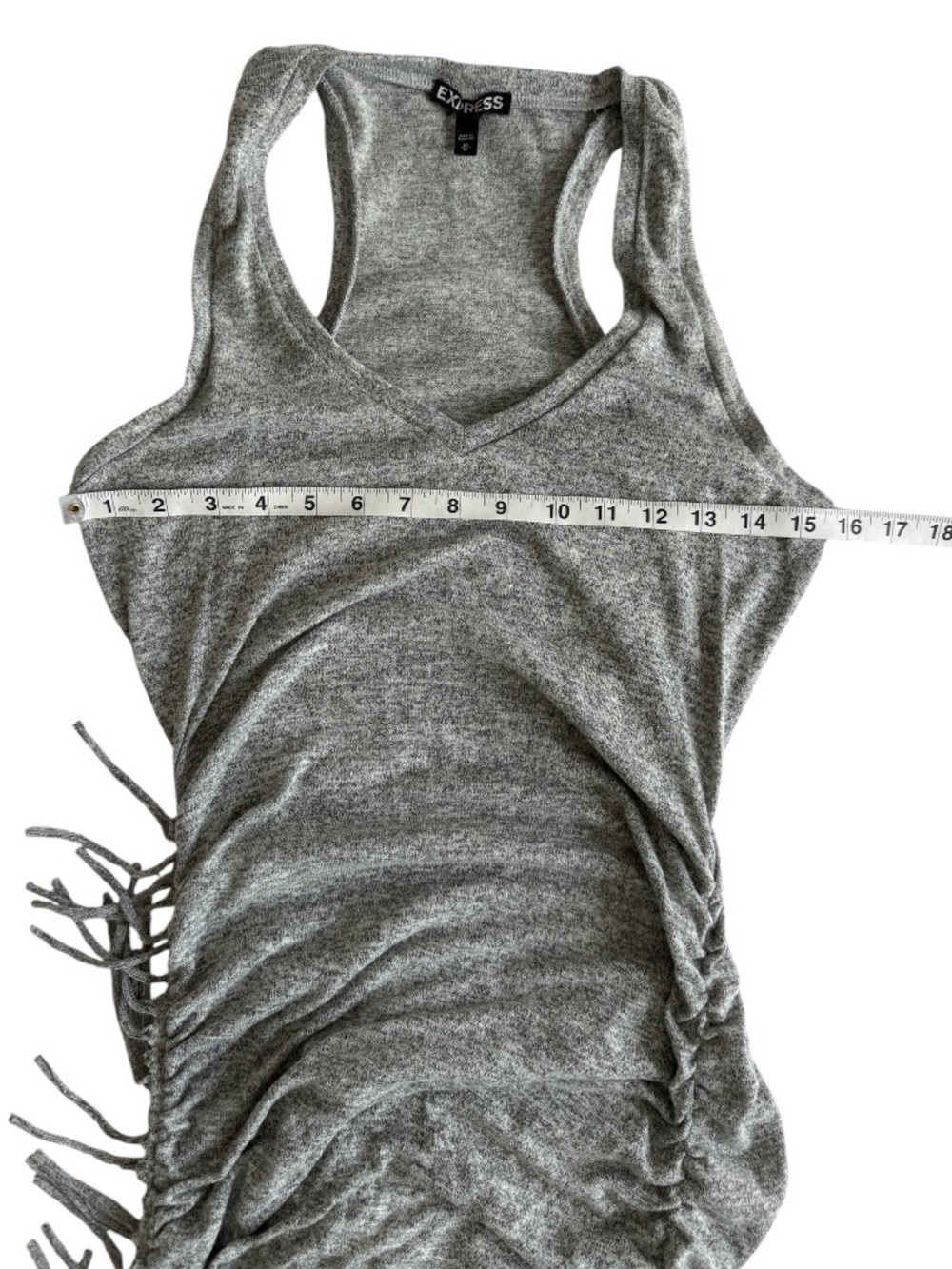 Express Sleeveless Bodycon Dress Heather Gray Ruched Fringe Side Midi M - Picture 7 of 8